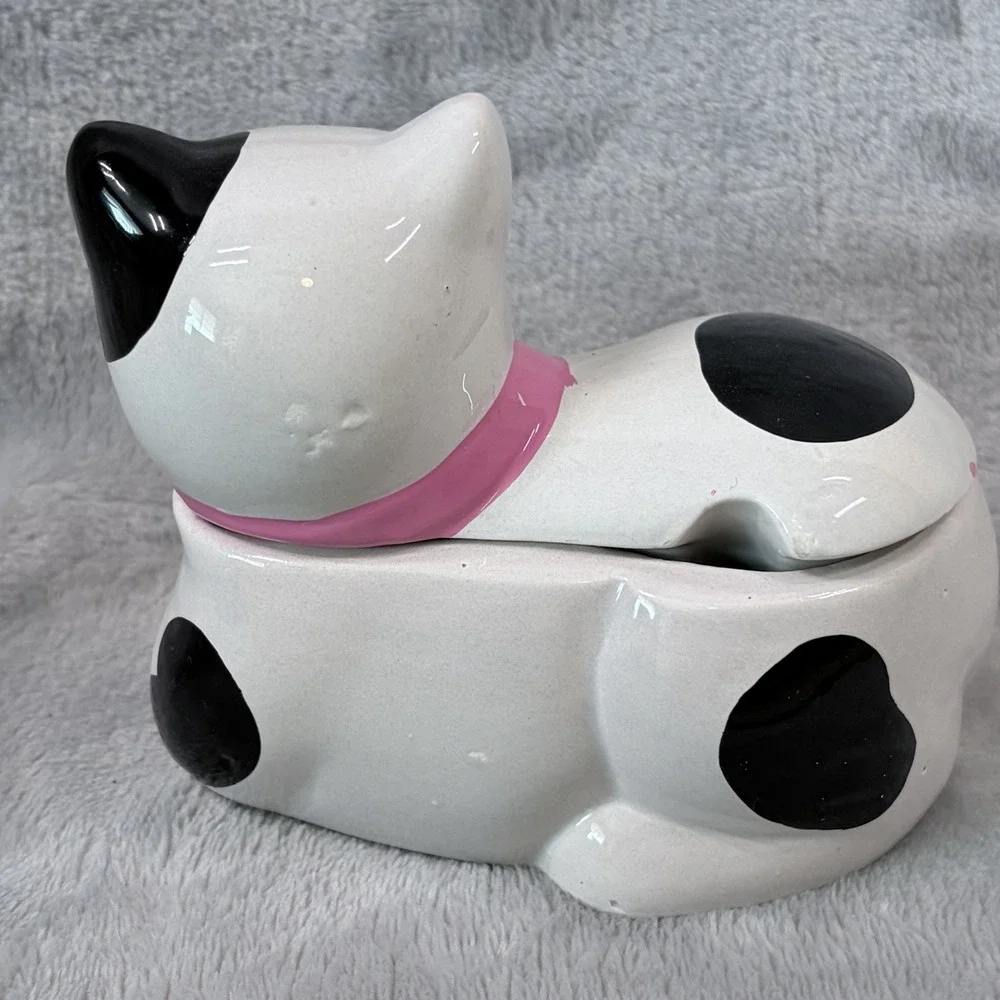Vintage Ceramic Cat Creamer & Sugar Bowl Set Pink Bow Kitty Kitsch Kitchen Decor